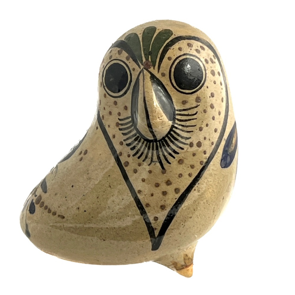 Mexico Pottery Folk Art Hand Painted Bird Brown Blue Green 4" X 4 3/4” Mexican